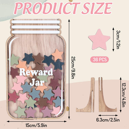 JarThenaAMCS Wooden Reward Jar for Kids Boho Stars Cutouts Positive Incentive Behavior Chart with Base Management Tools Decoration Reward System for Student Teacher School Classroom Supplies, 38Pcs