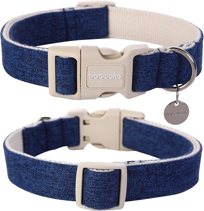 DOGWONG Cotton Hemp Dog Collar, Heavy-Duty Blue Dog Collar Adjustable Soft Natural Fabric Cute Wedding Puppy Necklace for Small Medium Large Dogs