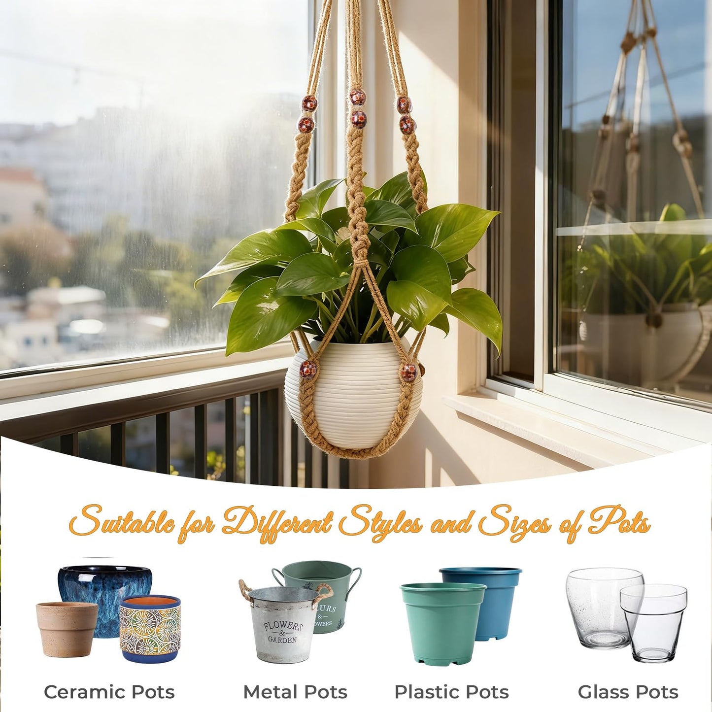HOREAKHJ 35 Inch Macrame Plant Hanger, Large for up to 15 Inch Pot Extra Long Hanging Planter Holder Basket with Wood Beads for Indoor Outdoor Home Decor (Brown, 1-Pack)