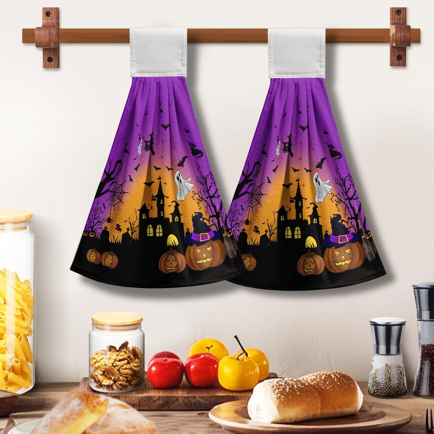 Cneztholim Halloween Pumpkin Hanging Kitchen Towels 2 Pcs Spooky Ghost Bat Hand Tie Towels Scary Night Dish Towel with Hanging Loop Soft Absorbent Washcloth for Bathroom Bathroom Home Decor