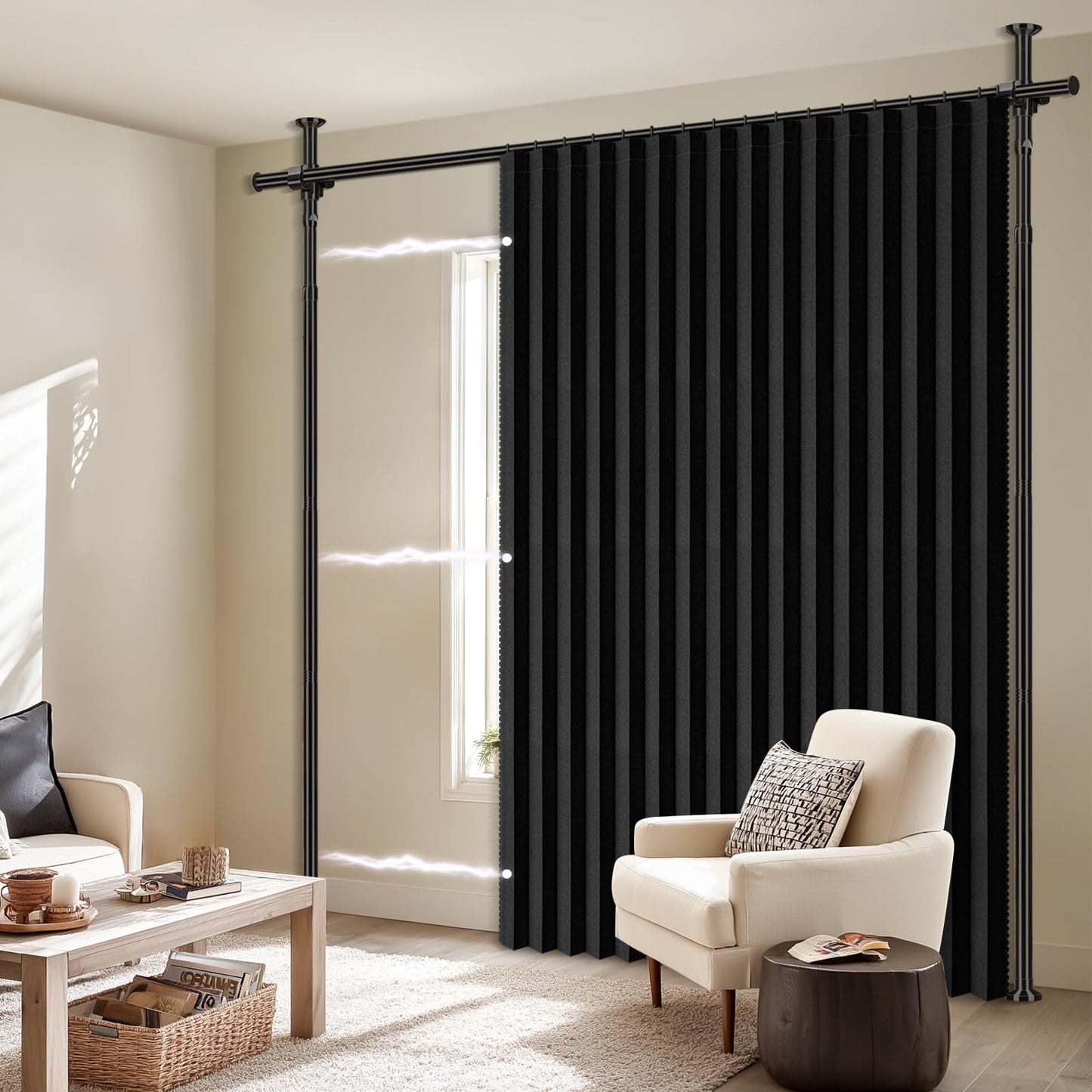 100% Blackout Room Divider Curtains Sets Black 1 Panel W100 x L84in No Drill Curtain Rods(H) 43-120×(W) 35-100 in for Bedroom Privacy Partition Separator