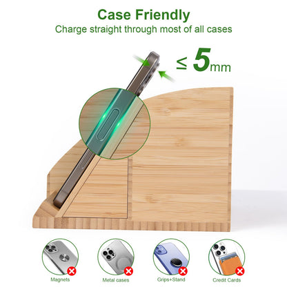 Bamboo Pen Holder for Desk & Nightstand Organizer with Fast Wireless Charging for iPhone, Samsung & More – Office Desk Accessories for Men/Women (Natural)