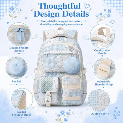 WOBAGMEN 3Pcs Quilted Backpack Set For Girls, Cute Floral School Backpack with Insulated Lunch Bag & Pencil Case, Aesthetic Bookbag Set For Teens College Students, Back To School（Green Blue Patchwork）