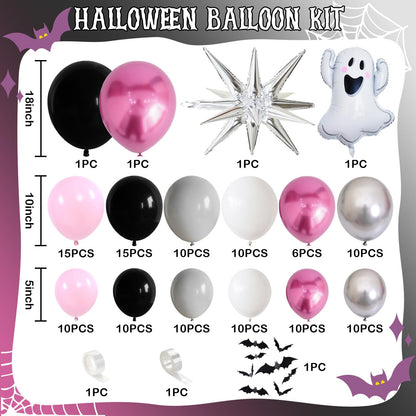 Froova Halloween Balloon Arch Kit, 131 Pcs Pink Black Silver Balloon Garland with 3D Bat Stickers Ghost Star Balloons for Girls Halloween Baby Shower Spooky Birthday Party Decorations