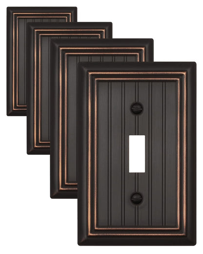 ZILLSEA 4-Pack Aged Bronze Light Switch Covers, Classic Beadboard Single Toggle Wall Plates, Metal Switch Plate Covers, 3.15''*4.88'', Midsize