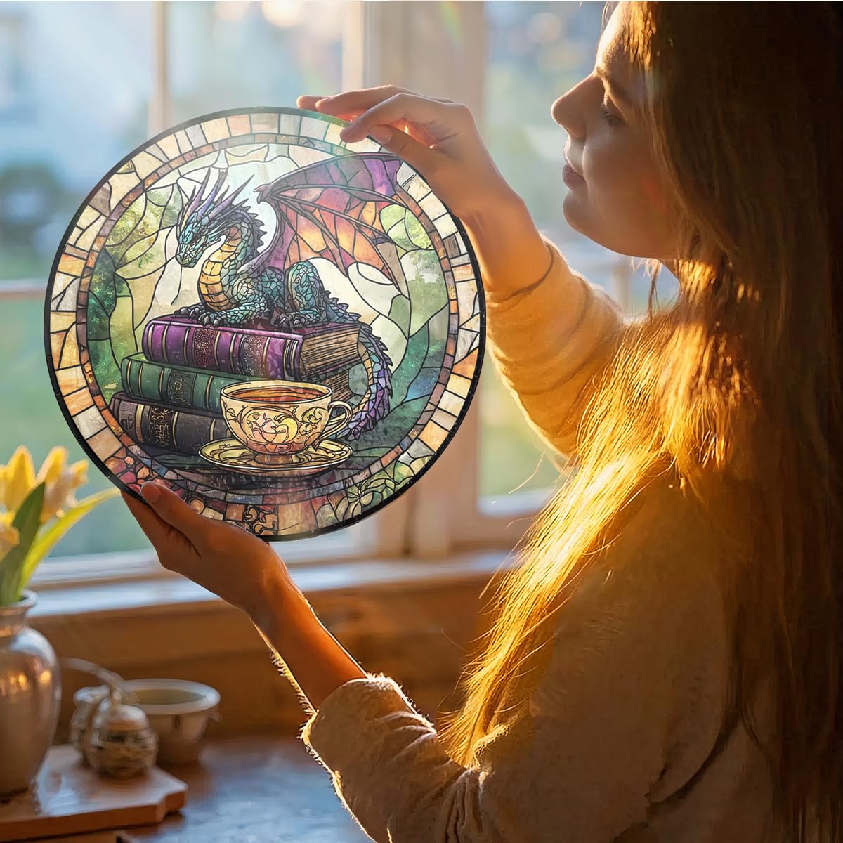 Dragon Decorative Stained Glass Sun Catcher - 7.87 Inch Bookshelf Decoration, Stained Glass Window Hanging Decoration, for Fantasy Lovers, Fantasy Gift for Friends, Family, Classmates