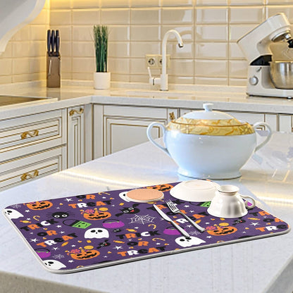 Happy Halloween Purple Pumpkin Fall Dish Drying Mat 16x18 for Kitchen Counter Trick or Treat Spooky Ghost Reversible Dishes Draining Mats Medium Absorbent Fast Dry Pad Halloween Accessories