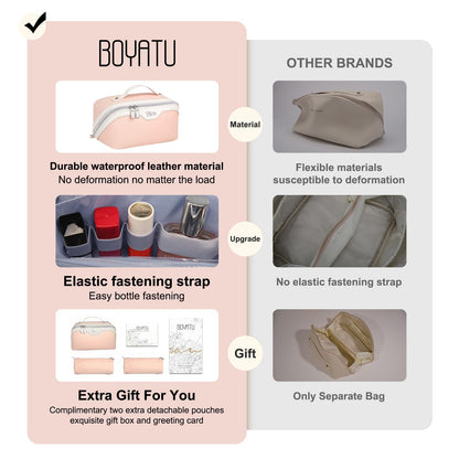 BOYATU Travel Makeup Bag Organizer Cosmetic Bag: 3 Pcs Set Make up Bags for Women with Handle - Waterproof Vegan Leather Toiletry Bags Travel Essentials Pouch with Compartments (A-09-Pink)