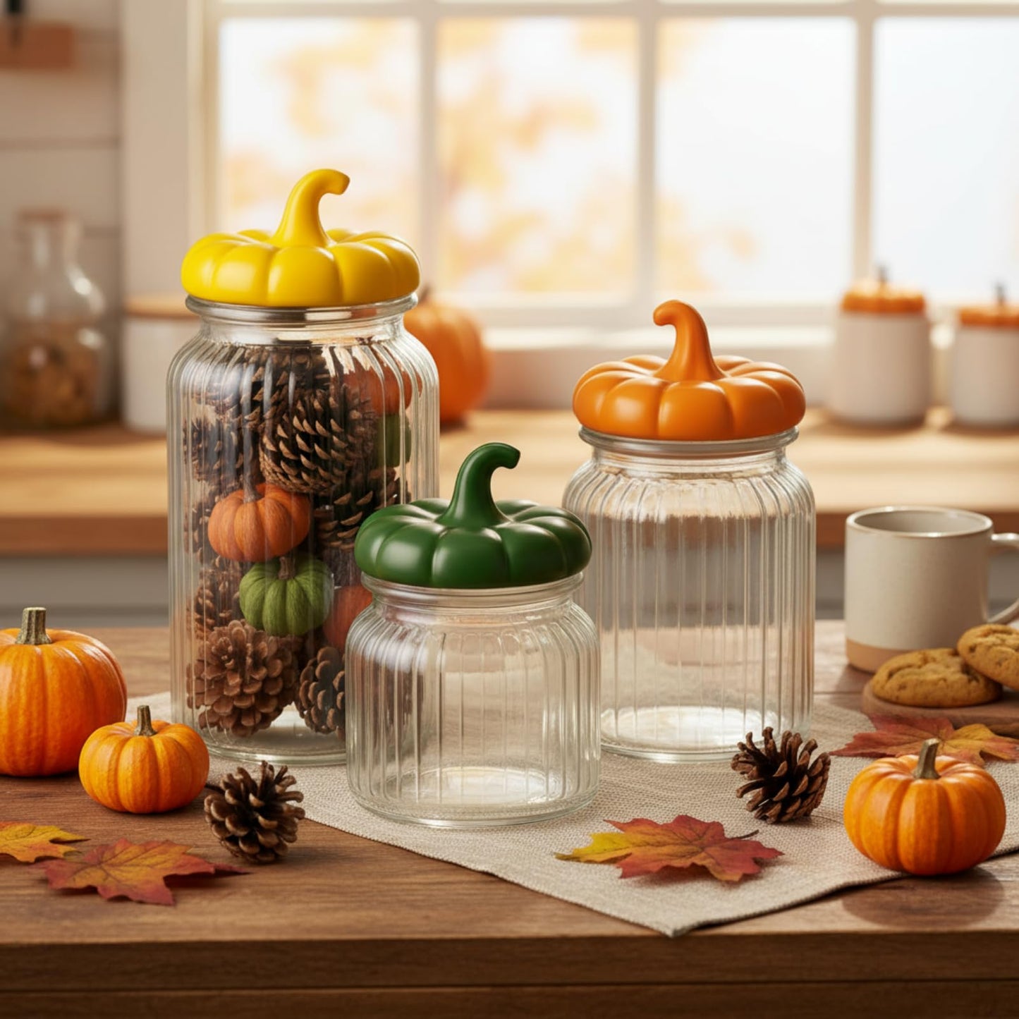 Mimorou 3 Set Pumpkin Glass Jar with Pumpkin Airtight Ceramic Lid 44 oz 33 oz 22oz Fall Clear Candy Jar Food Storage for Thanksgiving Party Cookie Table Decoration(Yellow, Orange, Green,Autumn)