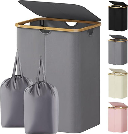 Lifewit 150L Double Laundry Hamper with Lid, Large Laundry Basket with Removable Bag & Bamboo Handles, Fodable Tall Dirty Clothes Hamper for Laundry Collapsible Bin for Bathroom Bedroom, Charcoal Gray