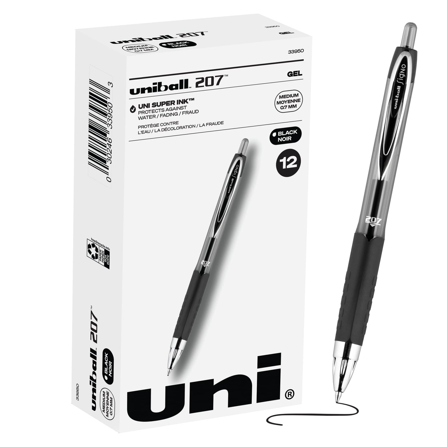 uni-ball Signo 207 Gel Pen, 0.7mm Medium Black, Smooth Writing (Pack of 12, 144 Count Total)