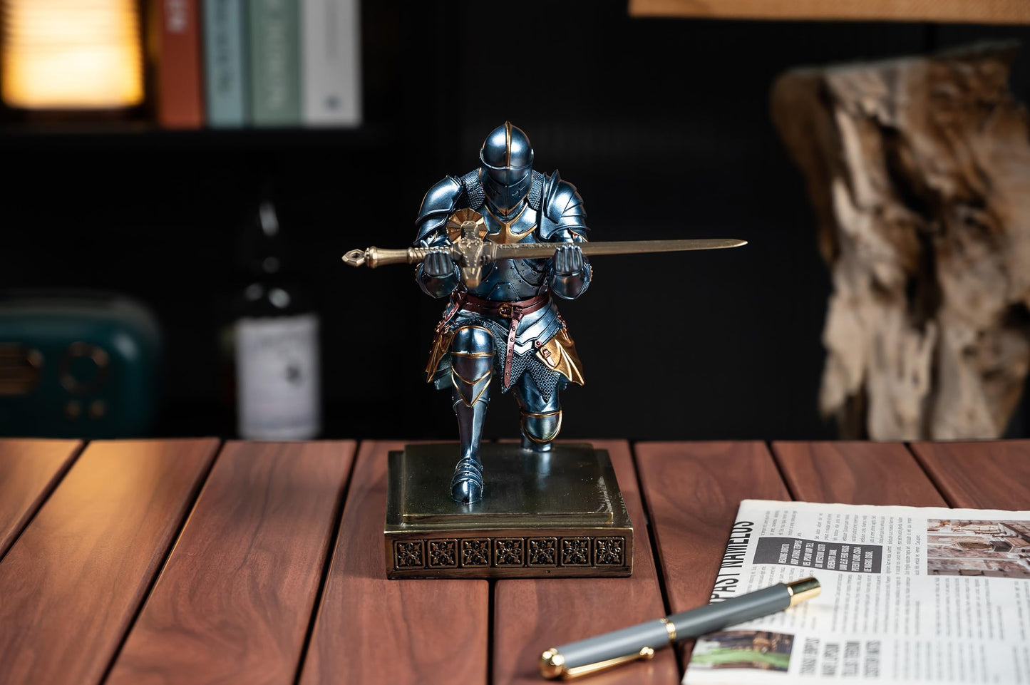 Amoysanli Medieval Armored Warrior Knight Pen Holder Desk Organizers and Accessories Resin Pencil Holder Paperweight as Gift with a Cool Letter Opener for Desk (Blue)