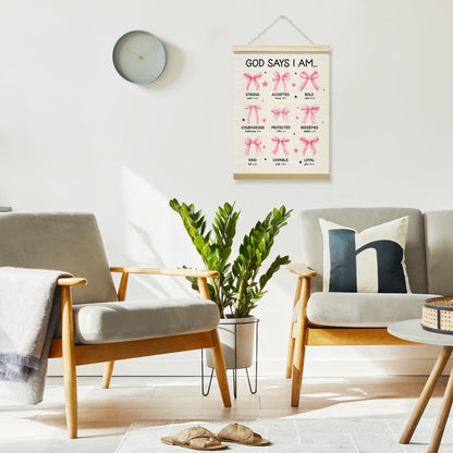 Christian Poster Hanger Frame-God Says I Am, Pink Bow Coquette Posters Canvas Wall Art for Women Girls Dorm Bedroom Decor, 12x16 Inches -027