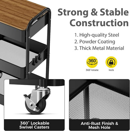 3 Tier Rolling Cart with Table top, Metal Utility Cart, Sturdy Storage Organizer Cart with Locking Wheels & Hooks for Office, Classroom, Kitchen and Bathroom