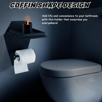 Coffin Toilet Paper Holder with Shelf - Goth Wooden Black Paper Roll Holder - Gothic Halloween Bathroom Decor - Goth Accessories Spooky Home Decor - Witchy Gifts for Women