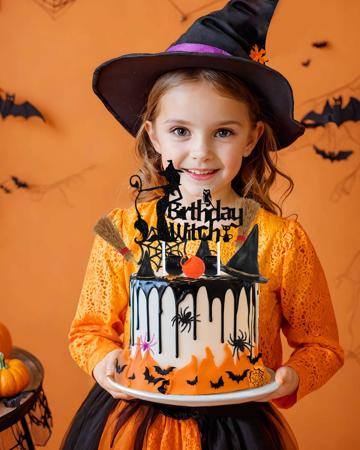 Liobelon 13 Pieces Birthday Witch Cake Topper, Gothic Theme Birthday Party Decoration, Scary Spider Web Witch Bucket Broom Spiders Cake Decorations for Girl Women