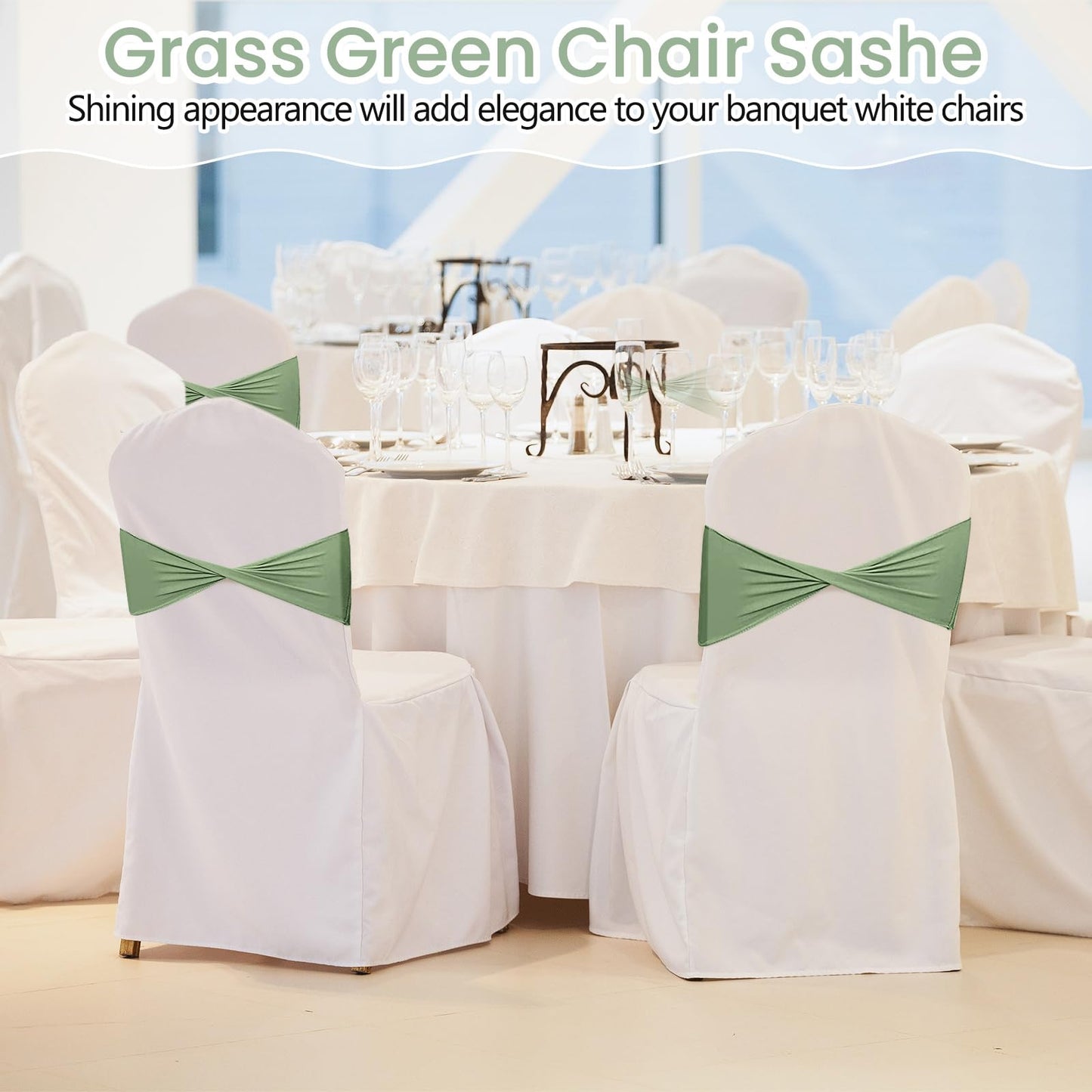 Kinlop 150 Pcs Spandex Chair Sashes Bows Stretch Chair Cover Bands Elastic Ties Bands Slider Sashes Without Buckle Decorations for Wedding Party Events Ceremony Birthday(Sage Green)