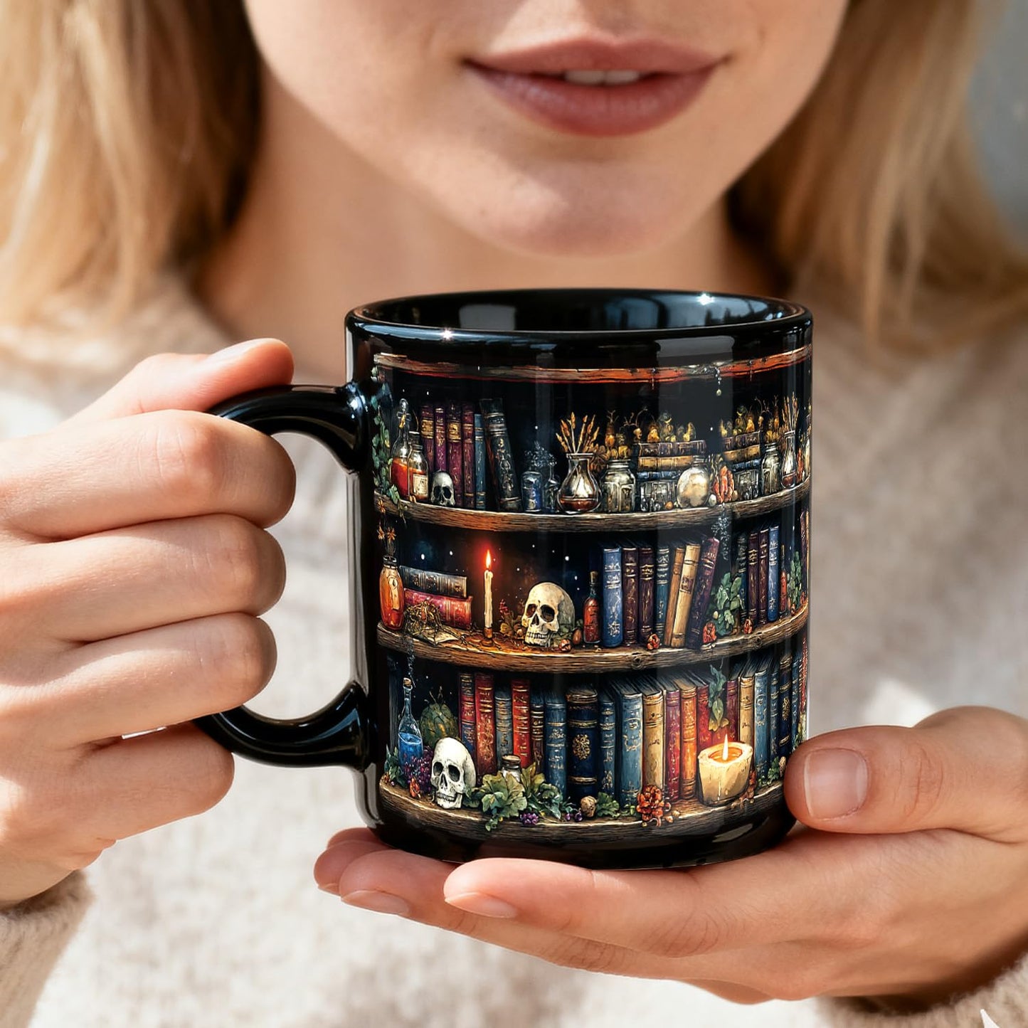 Palasarkaaa Skull Bookshelf Coffee Mug Gifts for Book Lovers Women, Witch, Goth Decor Halloween Cup With Skulls Cup Gothic Gift for Men, Dad, Mom