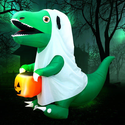 RoundFunny 6 FT Halloween Inflatables Dinosaur Outdoor Decorations Ghost Dinosaur with Pumpkin Inflatables Decoration with Built in LEDs for Halloween Party Yard Lawn Garden Decor