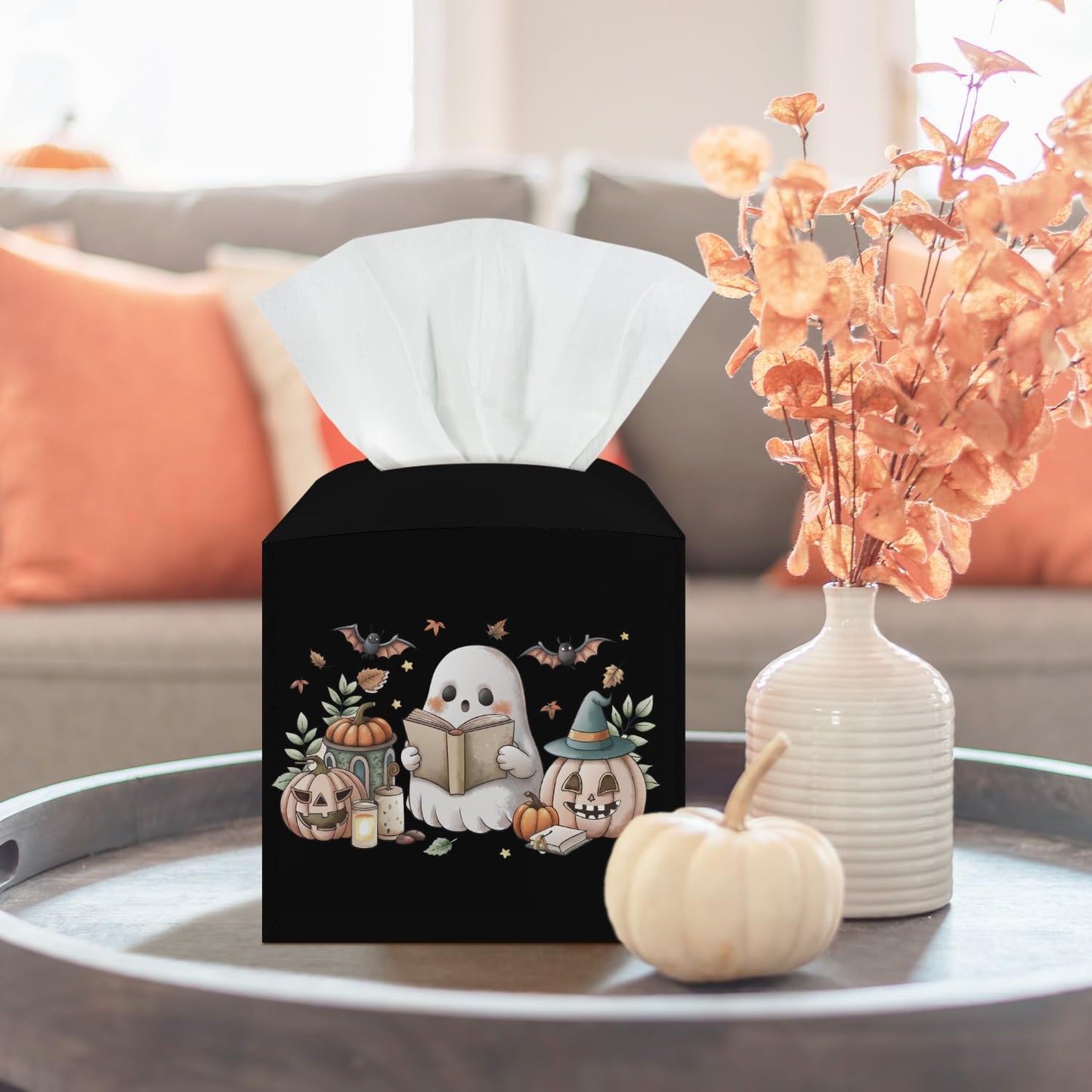 Ghost Pumpkin Tissue Box Covers Square, Leather Tissue Holders Decorative for Home Office Bathroom Organizer, Square Facial Paper Organizer Halloween Home Decor -005