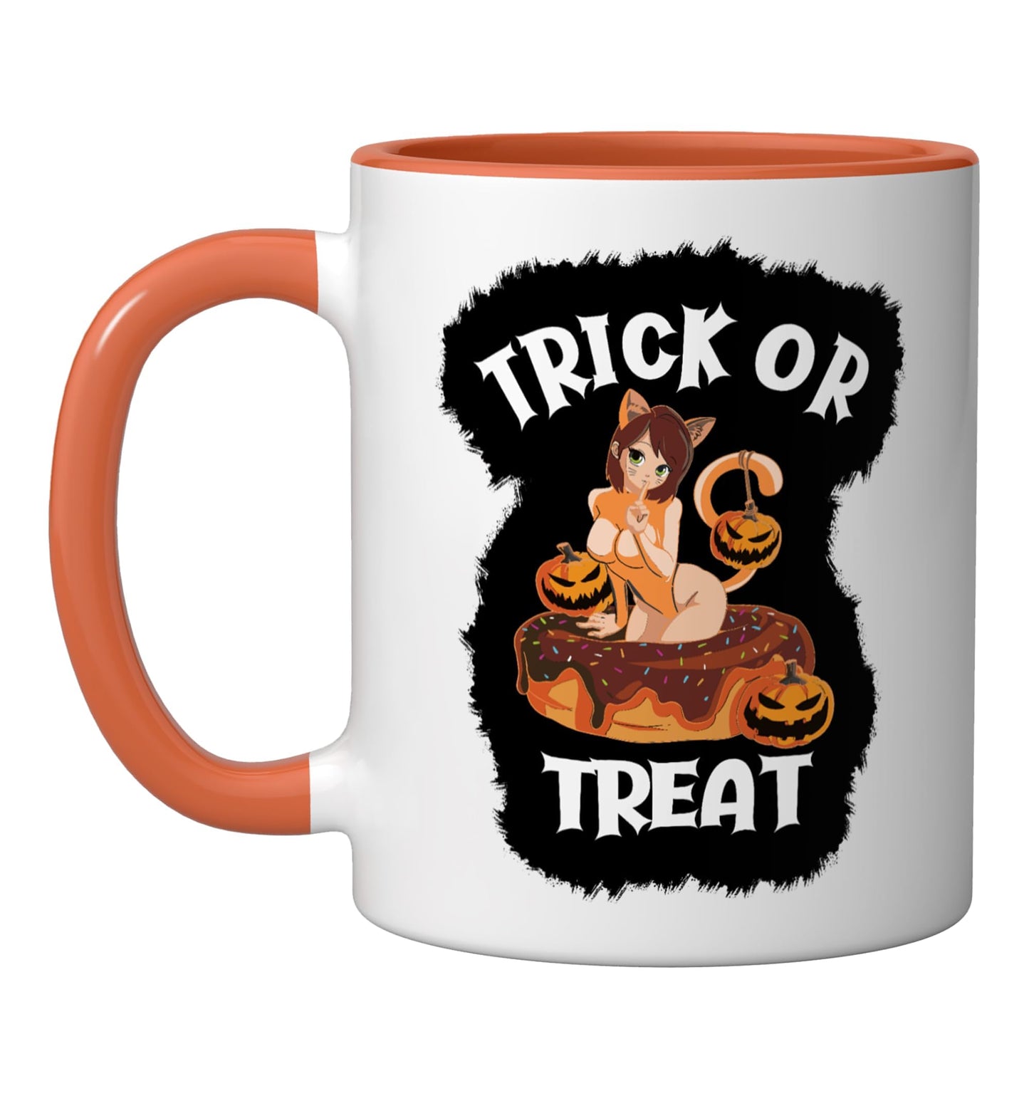Kawaii Trick Or Treat Sexy Ginger Cat Anime Girl Halloween Ceramic Mug, Orange/White