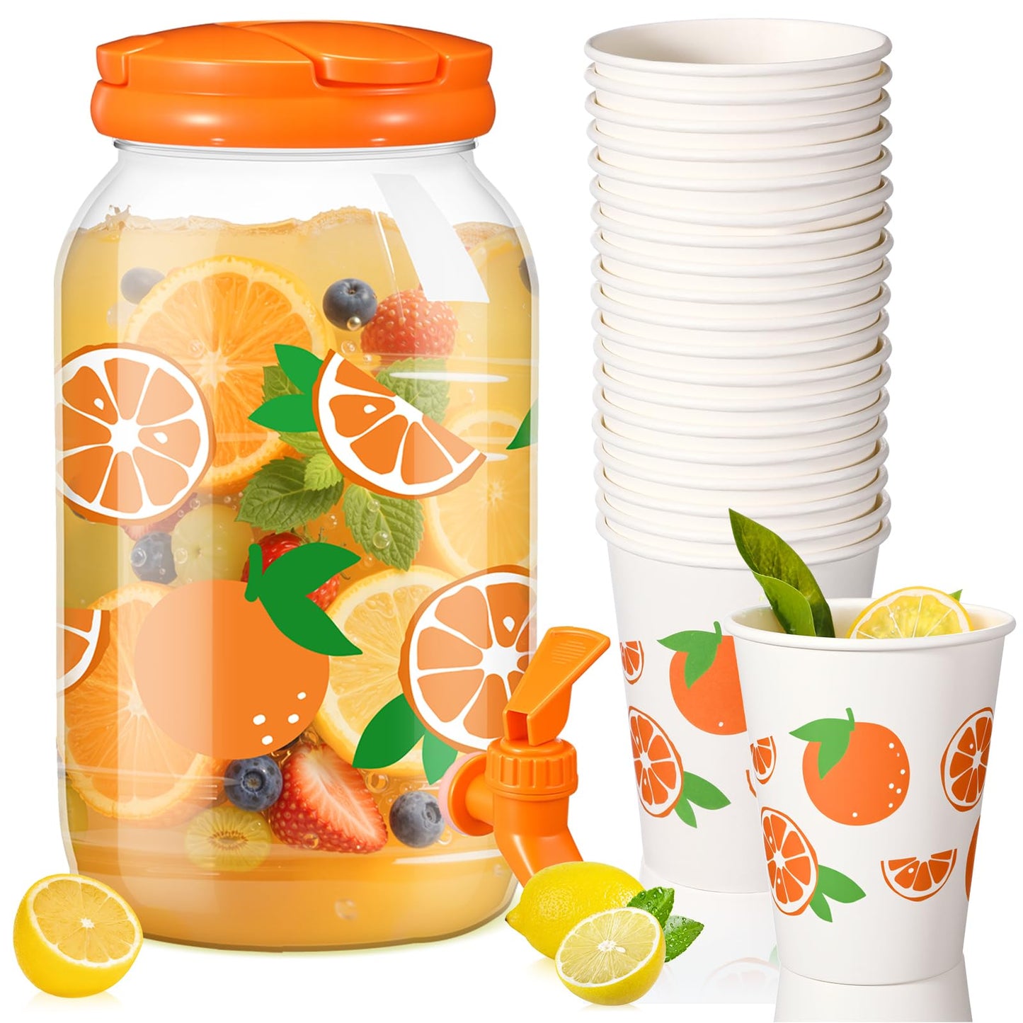 Umigy Tree Clear Plastic Drink Dispenser with 20 Pcs 12 oz Tropical Paper Cups 1 Gallon Kitchen Fridge Beverage Dispenser Plastic Water Dispenser with Spigot for Juice Tea Beer(Orange)