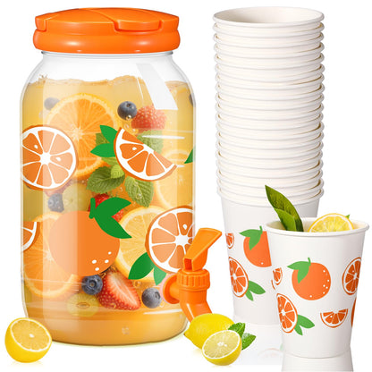 Umigy Tree Clear Plastic Drink Dispenser with 20 Pcs 12 oz Tropical Paper Cups 1 Gallon Kitchen Fridge Beverage Dispenser Plastic Water Dispenser with Spigot for Juice Tea Beer(Orange)