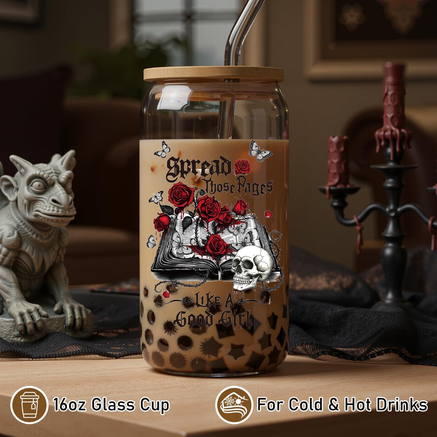 Deorfuy Gothic Glass Cup Gifts for Women Girls, 16 Oz Dark Romance Theme Glass Cup with Lids Straw Gifts, Spooky Skeleton Halloween Tumbler Present