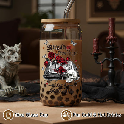 Deorfuy Gothic Glass Cup Gifts for Women Girls, 16 Oz Dark Romance Theme Glass Cup with Lids Straw Gifts, Spooky Skeleton Halloween Tumbler Present