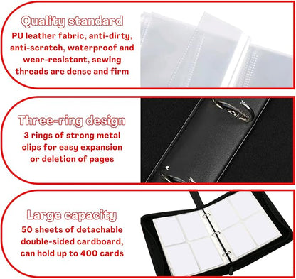 Card Binder with 4 Pockets with Zipper for 50 Pages, 400 Removable Pocket PU Waterproof Trading Collection Binder, 3 Rings Zipper Portable Card Album for MTG TCG Sports Cards Game Cards as Gift, Red