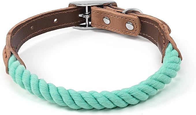 Mile High Life Genuine Leather Dog Collar, Durable Braided Cotton Rope Collar with Metal Pin Buckle for Small Medium Large Dogs (Green, S Neck 11"-15")
