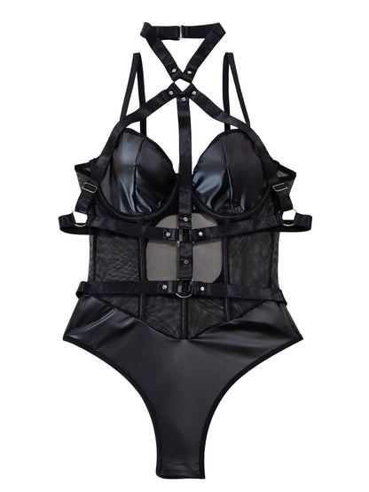 Lilosy Sexy Crisscross Choker Leather Underwire Push Up Mesh Sheer Babydoll Women Harness Teddy Bodysuit Nightgown Nightshirt One Piece Pu Latex Black Medium