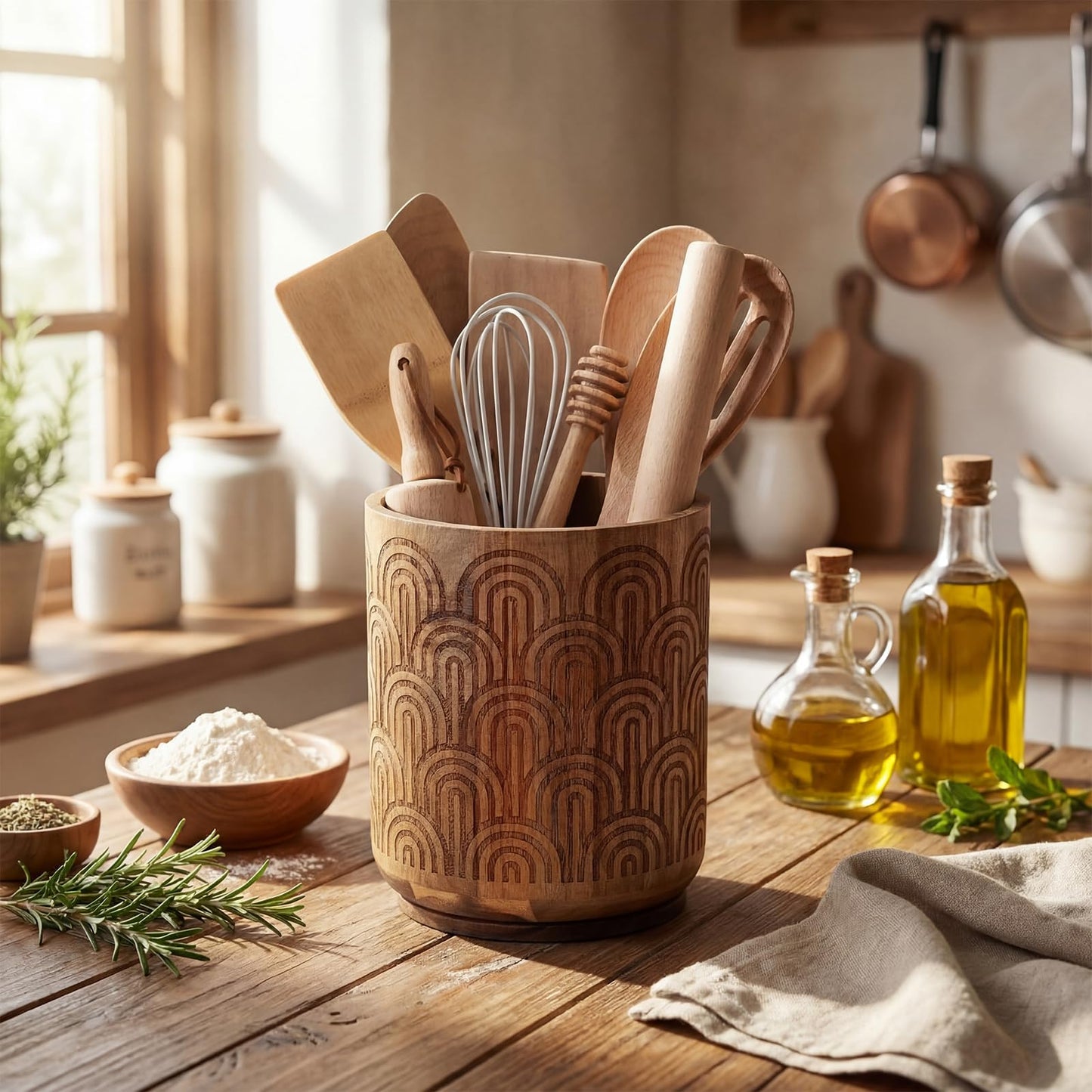 Acellegic Acacia Wood Utensil Holder for Kitchen Counter, 360° Rotating 6.3" Wooden Spoon Spatula Organizer Rustic Cooking Utensil Crock Arch Design for Kitchen Countertop Farmhouse Decoration