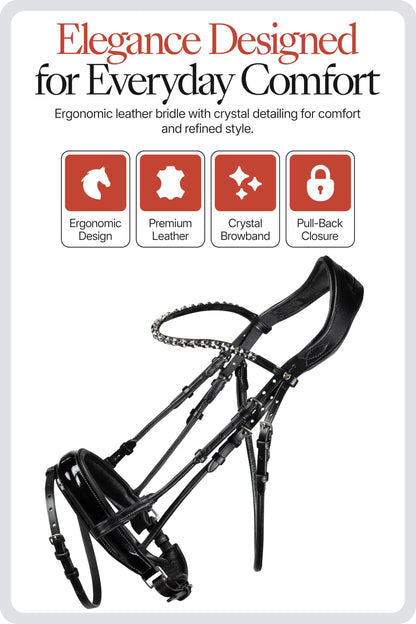 HORZE Clermont Ergonomic Padded Genuine Leather Snaffle Bridle for Horses | Flash Noseband Included - Black - Horse