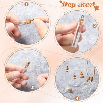 Honeydak 100 Pcs Small Mini Glass Bottles Jars with Cork Stopper Set Potion Bottle Tiny Refillable Wishing Bottles Drifting Bottle with Eye Screw Funnel Rope for DIY Bead Containers, 10 Shapes