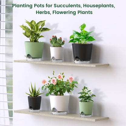 Meowell 4 inch Self Watering Pots for Indoor Plants, 5 Pack Small Flower Plant Pots with Drainage Holes and Clear Reservoirs, Visible Water Level, Plastic Planters with Wicking Rope, White