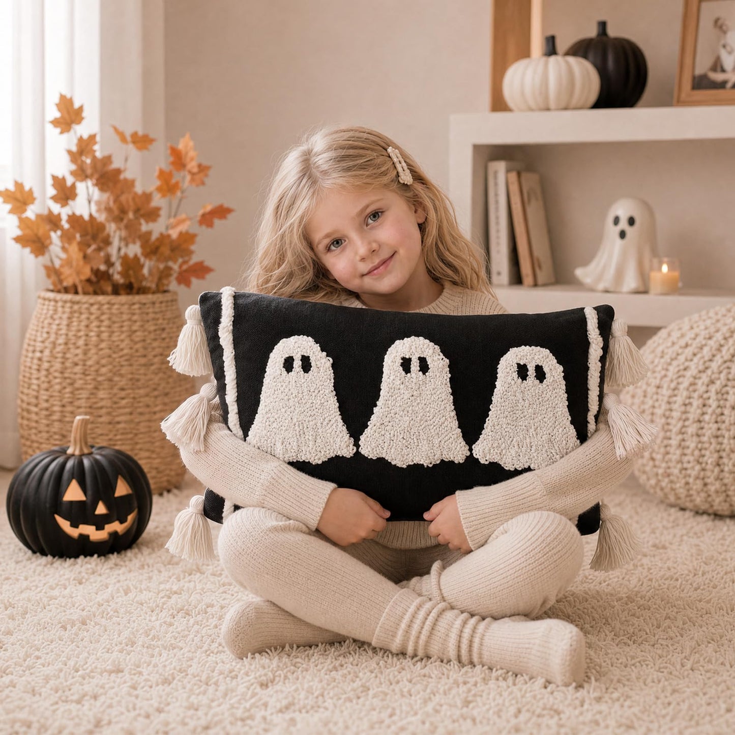 Bunny Chorus Halloween Lumbar Pillow Cover: Black and White Ghost Pillow Covers with Tassels, Cotton Linen Halloween Throw Pillow Covers 15x20 for Couch Sofa Bed, Cute Halloween Home Decorations