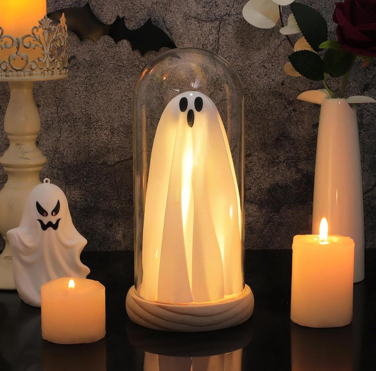 Strackvial Halloween Ghost LED Decor Light – Cute Spooky Tabletop Lamp with Wood Base & Clear Glass Cloche, Indoor Fairy Light Decoration for Mantel, Shelf & Party Centerpiece (Classic Ghost Light)