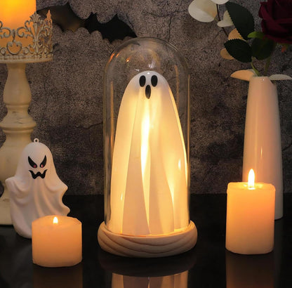 Strackvial Halloween Ghost LED Decor Light – Cute Spooky Tabletop Lamp with Wood Base & Clear Glass Cloche, Indoor Fairy Light Decoration for Mantel, Shelf & Party Centerpiece (Classic Ghost Light)