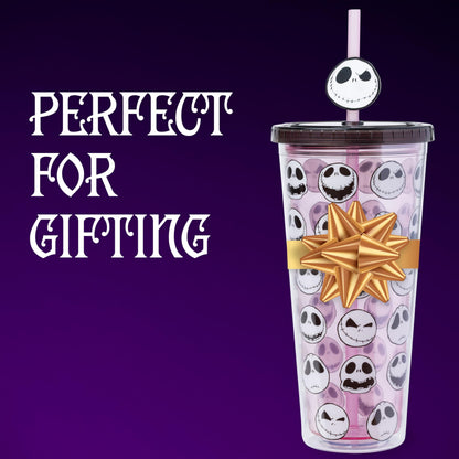 Silver Buffalo Disney Tim Burton's Nightmare Before Christmas All the Emotions of Jack Skellington Plastic Cold Cup with Lid and Straw Topper, 24 Ounces