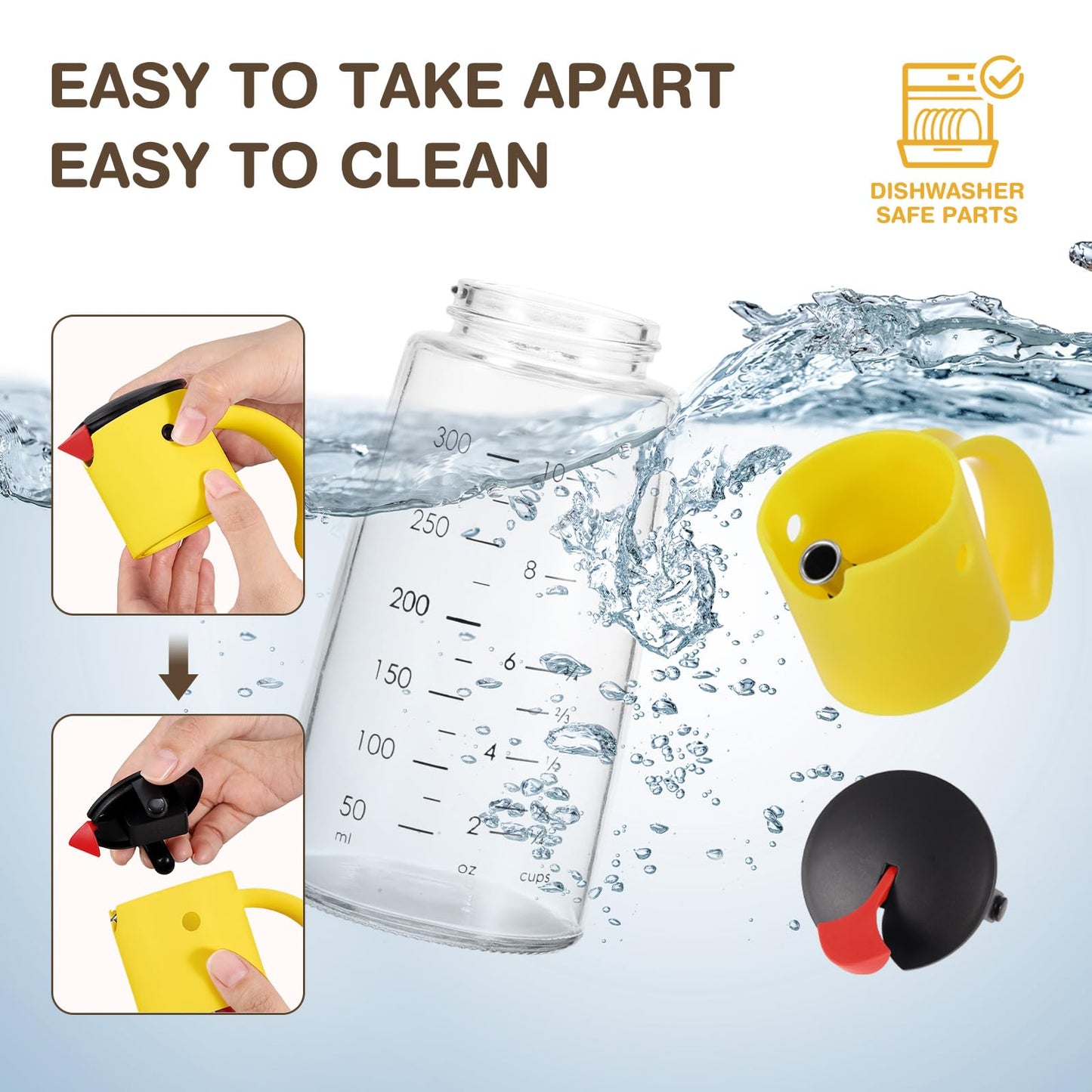 Vucchini Olive Oil Dispenser Bottle for Kitchen Cooking 10 oz - Auto Flip Vinegar Dispenser Container- Leakproof Glass Cruet with Non-Drip Spout Dispenser (white and yellow)