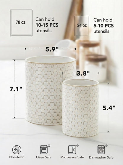 LE TAUCI Kitchen Utensil Holder for Countertop - 7.1"+5.4" Ceramic Utensil Crock Set of 2, Large Cooking Utensil Organizer for Spatula, Spoon, Whisk - Farmhouse Storage, Embossed, Fireworks