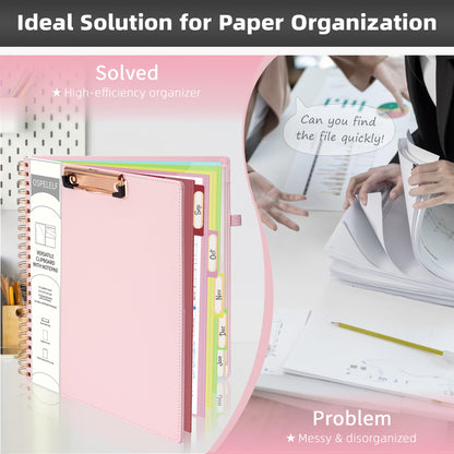 Ospelelf Leather Clipboard Folio with Notepad for Letter Size, Spiral Clipboard Folder with Storage Zipper Pouch, 5 Folders with 10 Pockets, 39 Divider Label Stickers, Pen Loop Series (Pink)