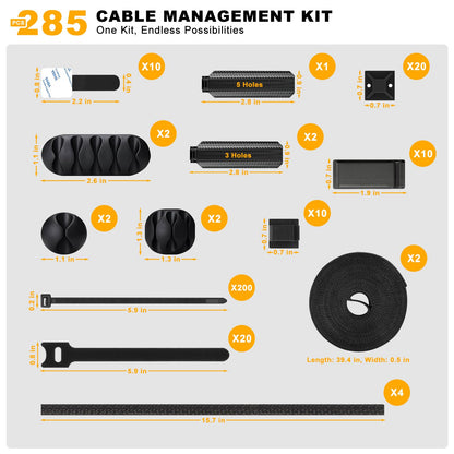285 PCS Cable Management Kit - 4 Cable Sleeve Split, 50 Adhesive Cable Clips, 9 Cable Holder, 2 Roll Cable Organizer Straps, 200 Cable Zip Ties with 20 Mounts, for Computer TV Under Desk - Black
