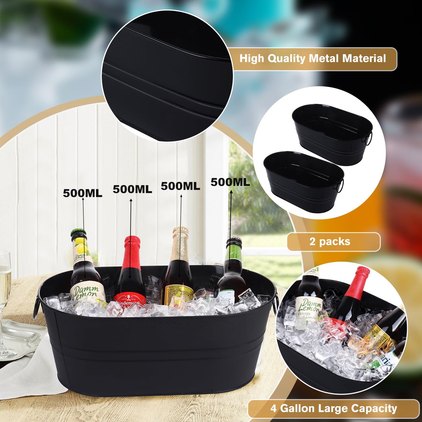 Galvanized Tub Beverage Tubs, 2pcs Metal Ice Buckets for Cocktail Bar 3 Gallon Wine Beer Drink Buckets with Handles Large Tub Cooler Mimosa Bar Supplies Ice Bucket for Parties 15x9.6x6inch (Black)