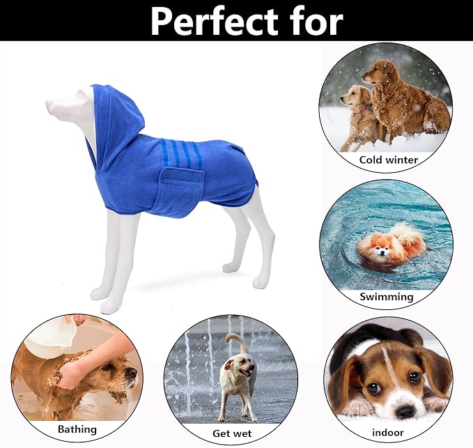 Geyecete Dog Drying Coat with Hood - Absorbent Robe Towel - Microfibre Fast Drying - Blue - XL