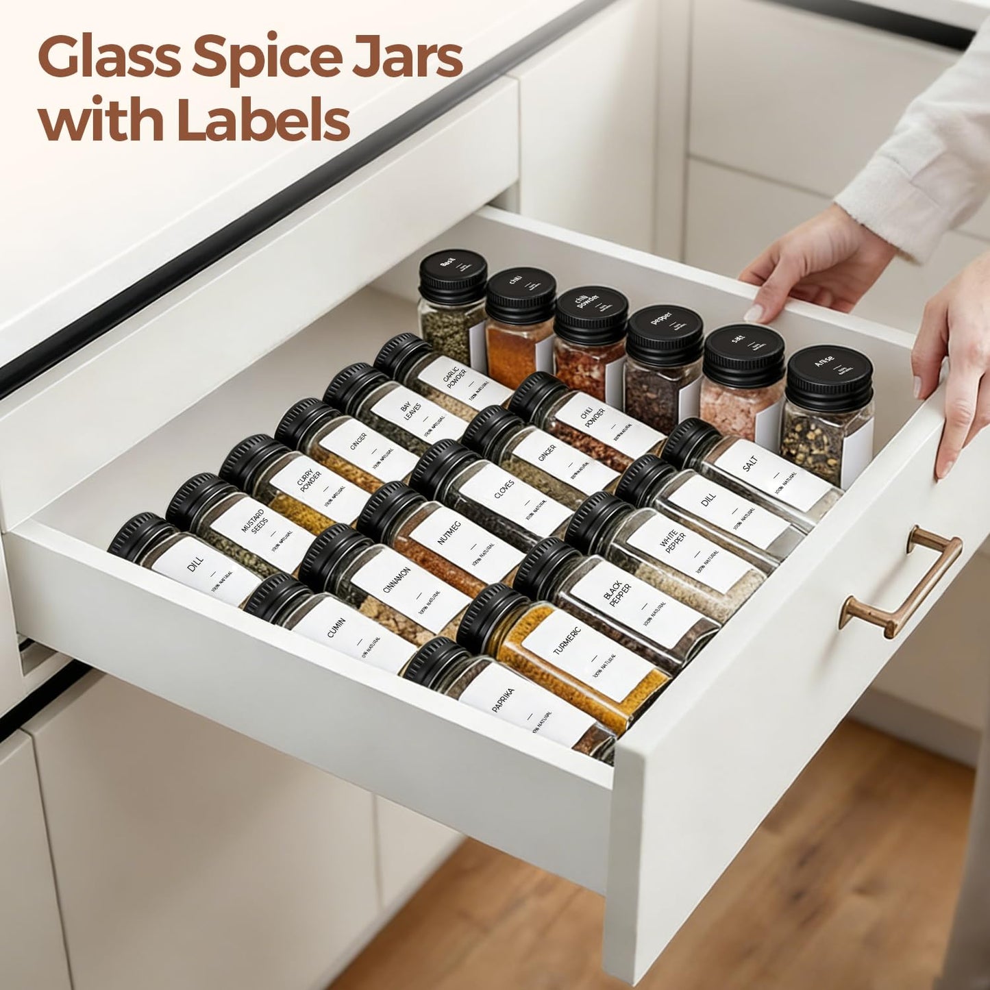 ComSaf Aesthetic Minimalist Glass Spice Jars with Labels, 24Pcs 4oz Empty Spice Containers with 93 Labels, Metal Funnel, Extra Shaker Lids, Square Spice Bottles for Kitchen Organization