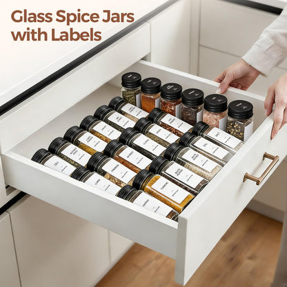 ComSaf Aesthetic Minimalist Glass Spice Jars with Labels, 24Pcs 4oz Empty Spice Containers with 93 Labels, Metal Funnel, Extra Shaker Lids, Square Spice Bottles for Kitchen Organization