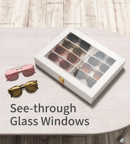 NEWLOOP Sunglass Organizer for Women Men - Multiple Pair of Sunglasses Storage Box Eye Glass Watch Leather Display Case with 10 Slots White