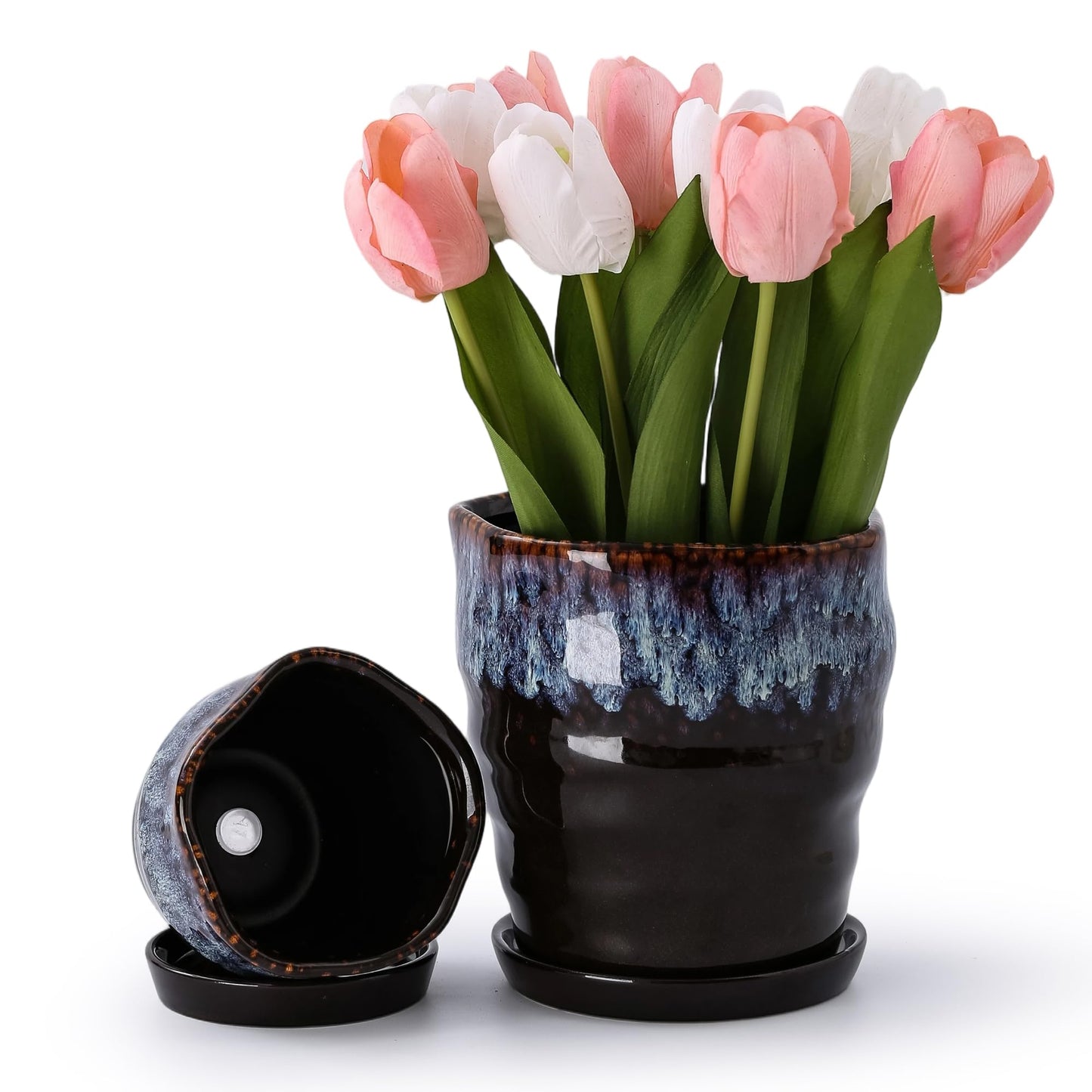 Pkeo Bbun 4+6 Inch Ceramic Planter Set of 2 with Drainage Hole,Saucer for Plants, Indoor-Outdoor Round Succulent Orchid Flower Pot- Cement Paint, Inner-pots not Larger Than 5 Inch Reactive Glaze Spot